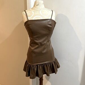 Zara Brown Faux Vegan Leather Ruffle Hem Spaghetti Strap Lined Zip Up Dress XS
